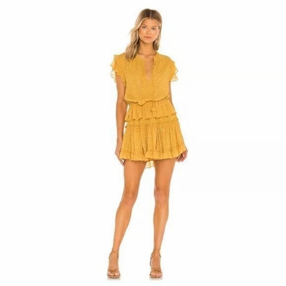 MISA Revolve Dress LILIAN Mini‎ Yellow Safron Polka Dot Textured Ruffle L